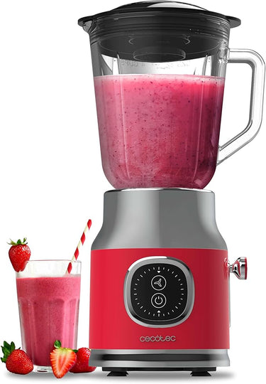Cecotec Batidora de Vaso Retro RetroTwist Red. 800W de Potencia Máxima, Función Pulse, Cuchilla de 4 Hojas con Recubrimiento de Titanio Negro y Jarra con 1L, Diseño Vintaje en Rojo